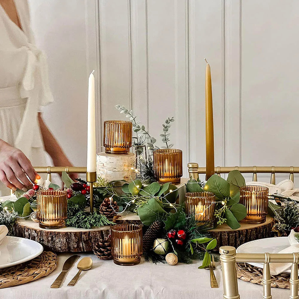 Ribbed Amber Glass Tealight Holders