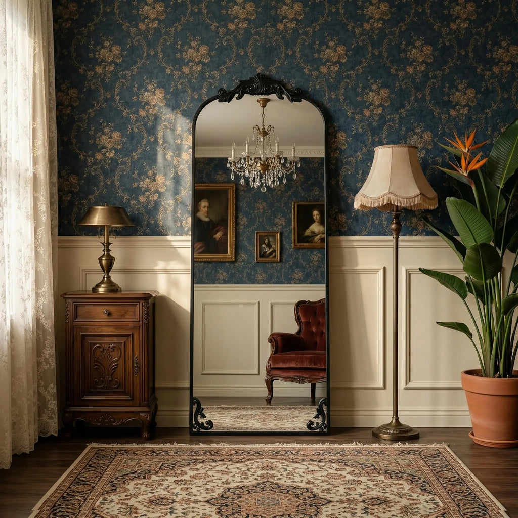 64x21in Gold Arched Mirror, Vintage Metal Frame Full Length