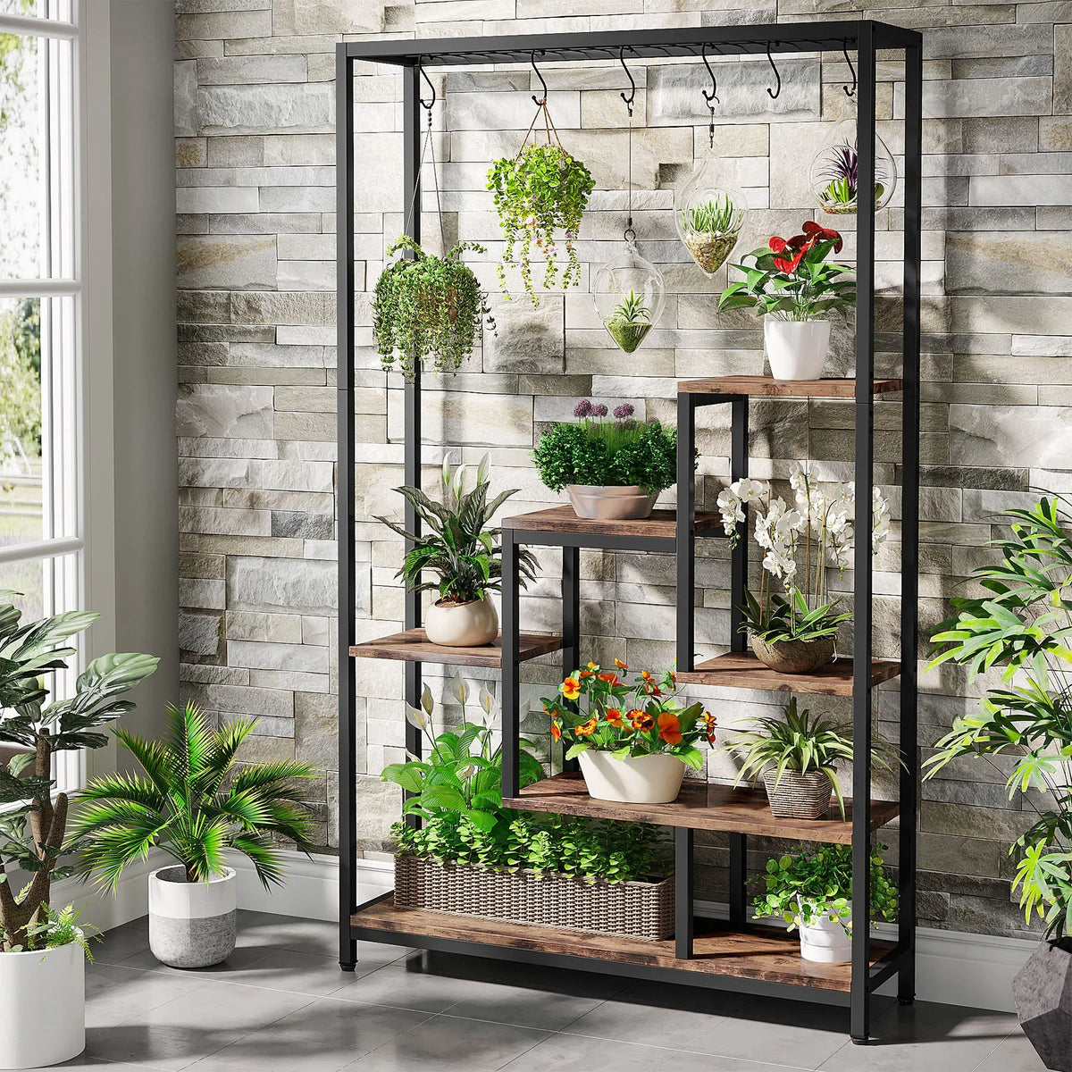 5-Tier Tall Plant Stand 70.9in, Metal Shelf with 10 Hooks