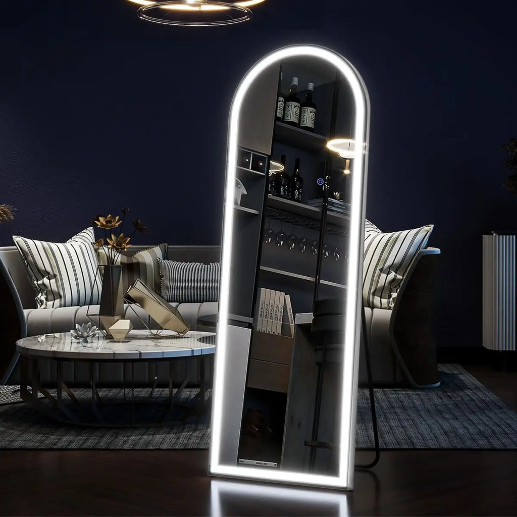 63in Arched Full Length Mirror with LED Lights, Floor Standing