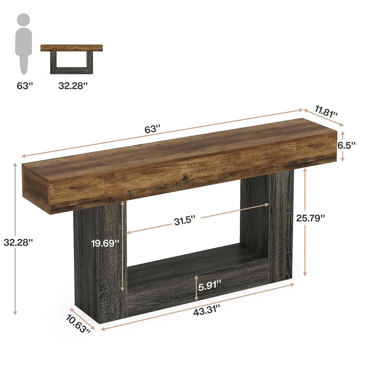63in Console Table, 2-Tier Farmhouse Entryway & Sofa Table