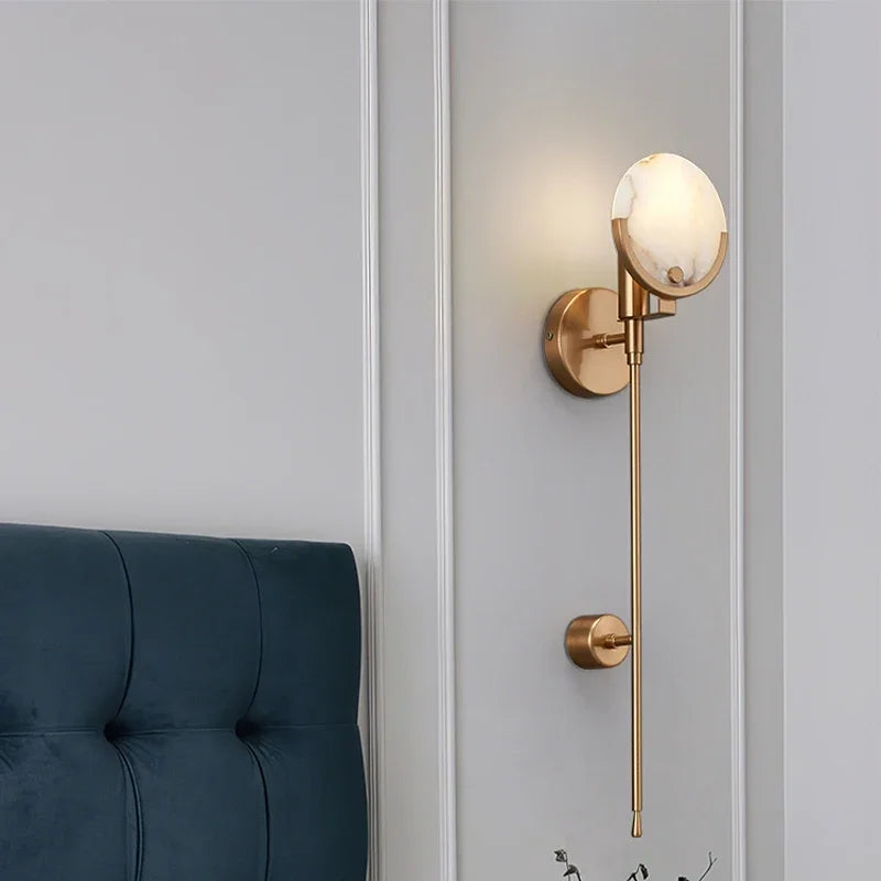 Alabaster Wall Lamp, Gold Minimalist LED Bedside Sconce