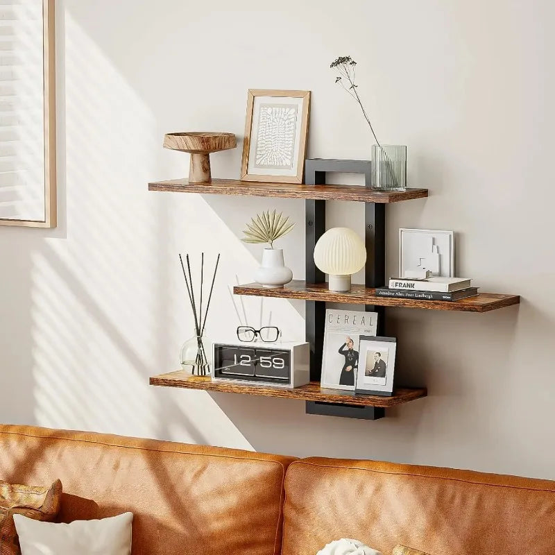 3-Tier Floating Shelves, Wood & Iron Wall Shelf Set