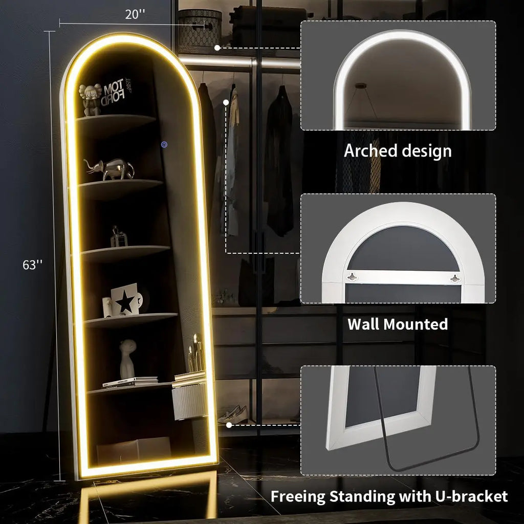 63in Arched Full Length Mirror with LED Lights, Floor Standing