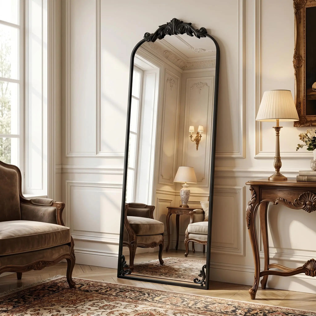 64x21in Gold Arched Mirror, Vintage Metal Frame Full Length
