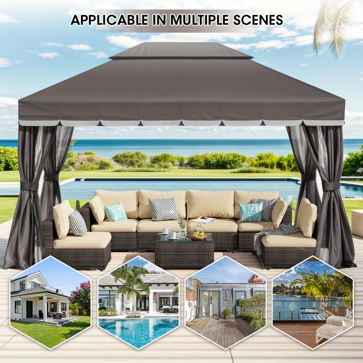 10x13ft Patio Gazebo, Double Roof with Netting & Curtains