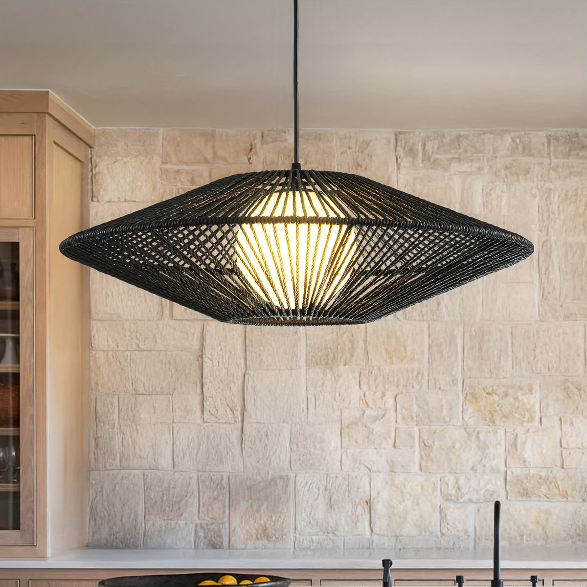 23in Rattan Chandelier, Handwoven Black Bubble Pendant