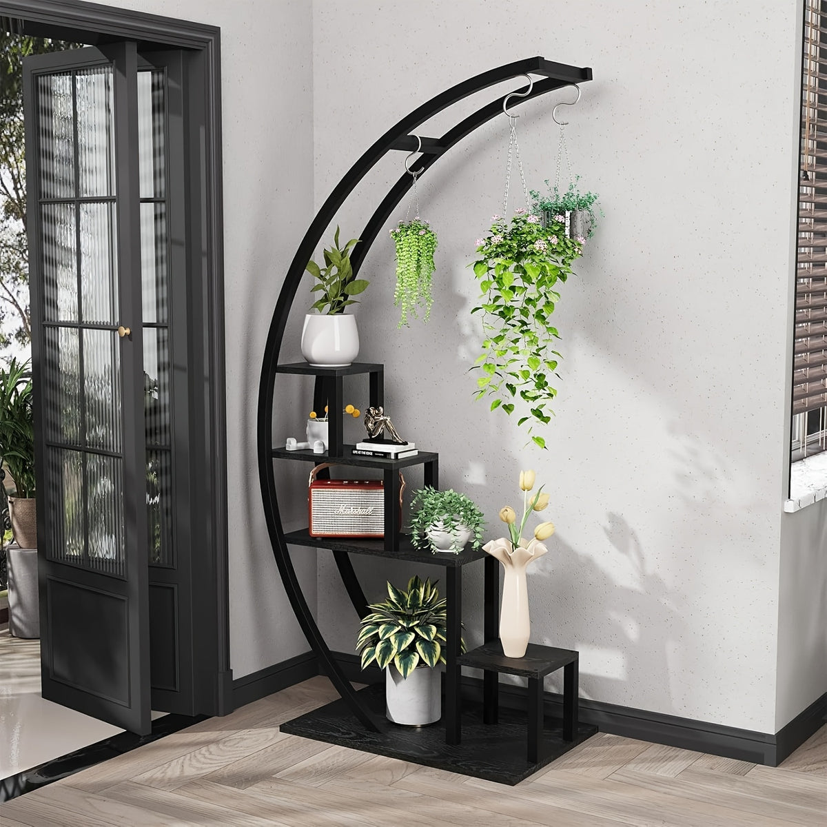 5-Tier Half Moon Plant Stand, Metal Rack with Hanging Hooks