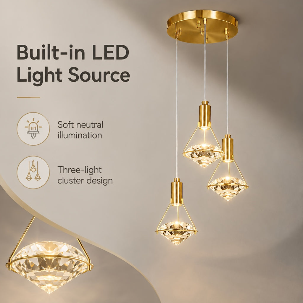 12in Gold Diamond Pendant Light, 3-Head Adjustable LED