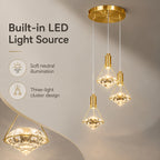 12in Gold Diamond Pendant Light, 3-Head Adjustable LED
