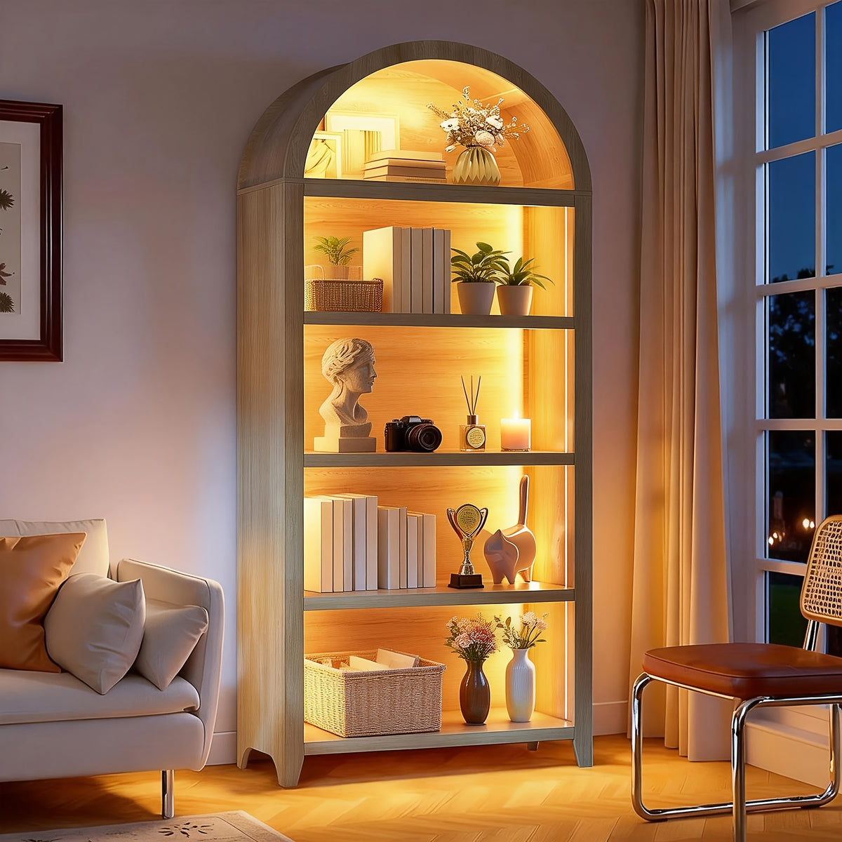 68.9in Arched Bookshelf, 5-Tier Open Storage Shelf
