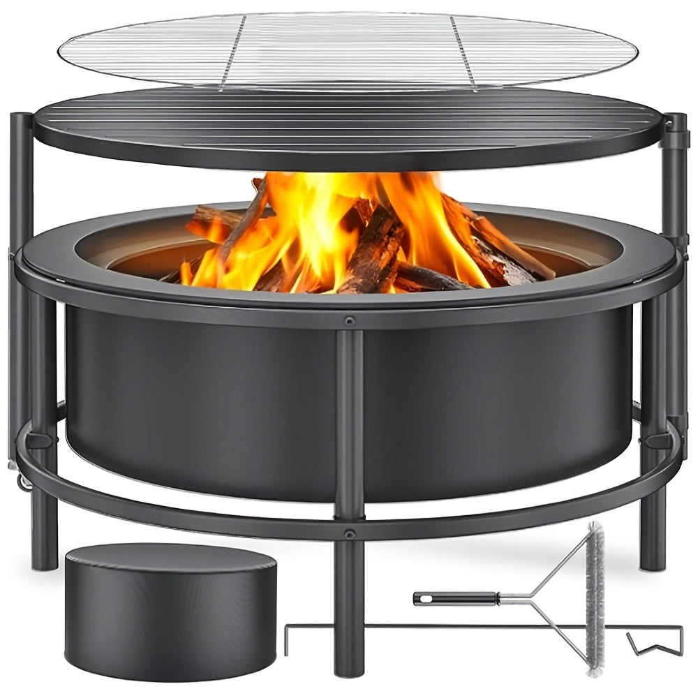 55in Fire Pit Bowl 3-in-1, Wood Burning with Grill & Table