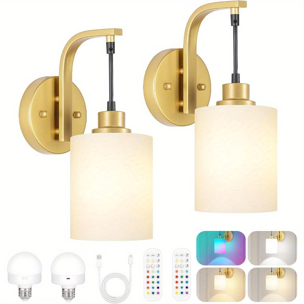 Wireless RGB Wall Sconces Set of 2, Milky Glass with Remote