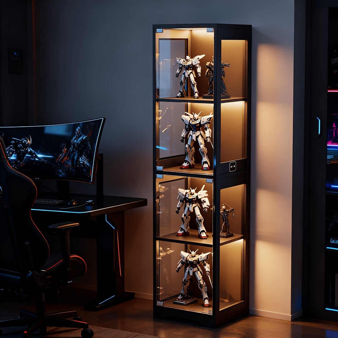 Glass Display Cabinet, 4-Tier LED Corner Bookcase