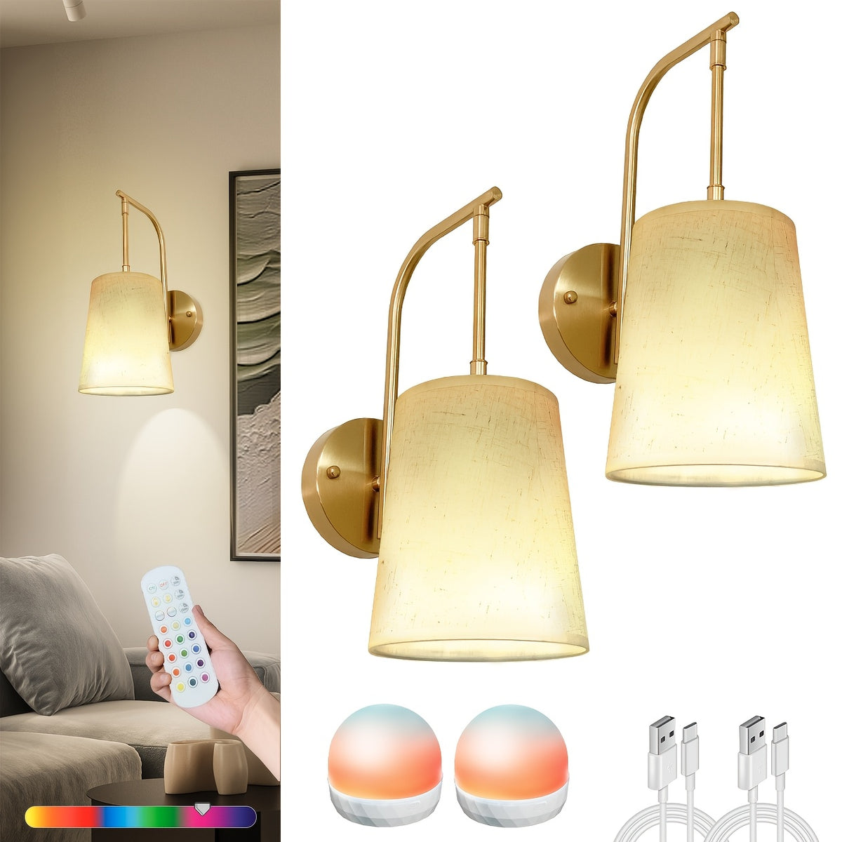 Battery Wall Sconces Set of 2, Linen Shade with Remote