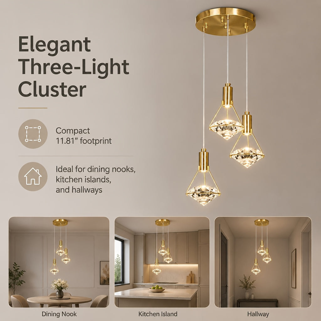 12in Gold Diamond Pendant Light, 3-Head Adjustable LED