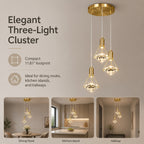 12in Gold Diamond Pendant Light, 3-Head Adjustable LED