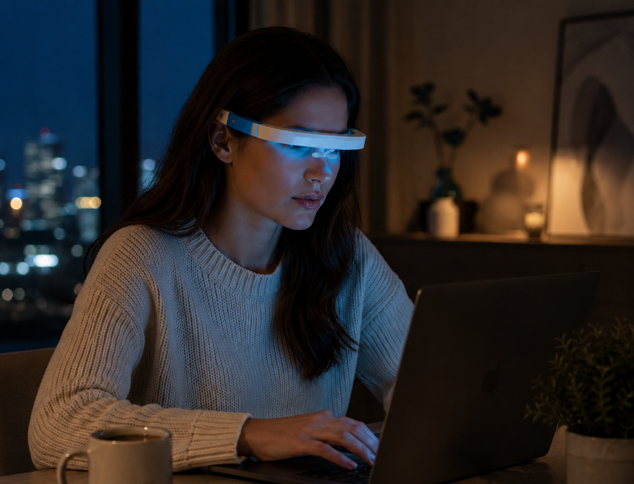 Sends therapeutic signals to the eyes using blue light.