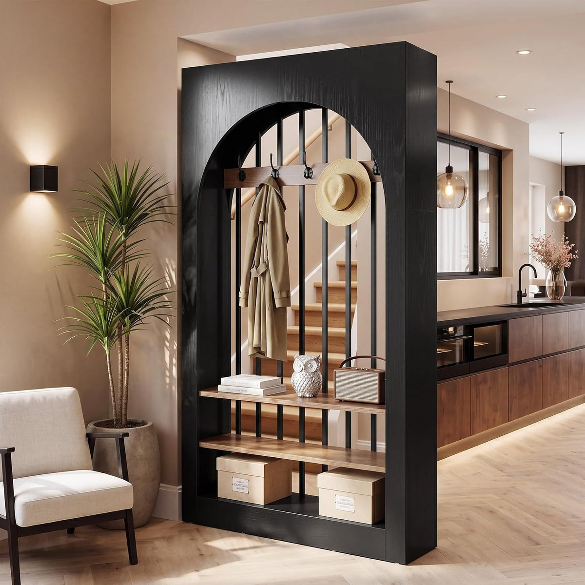 71in Arched Room Divider, Freestanding Wood Partition