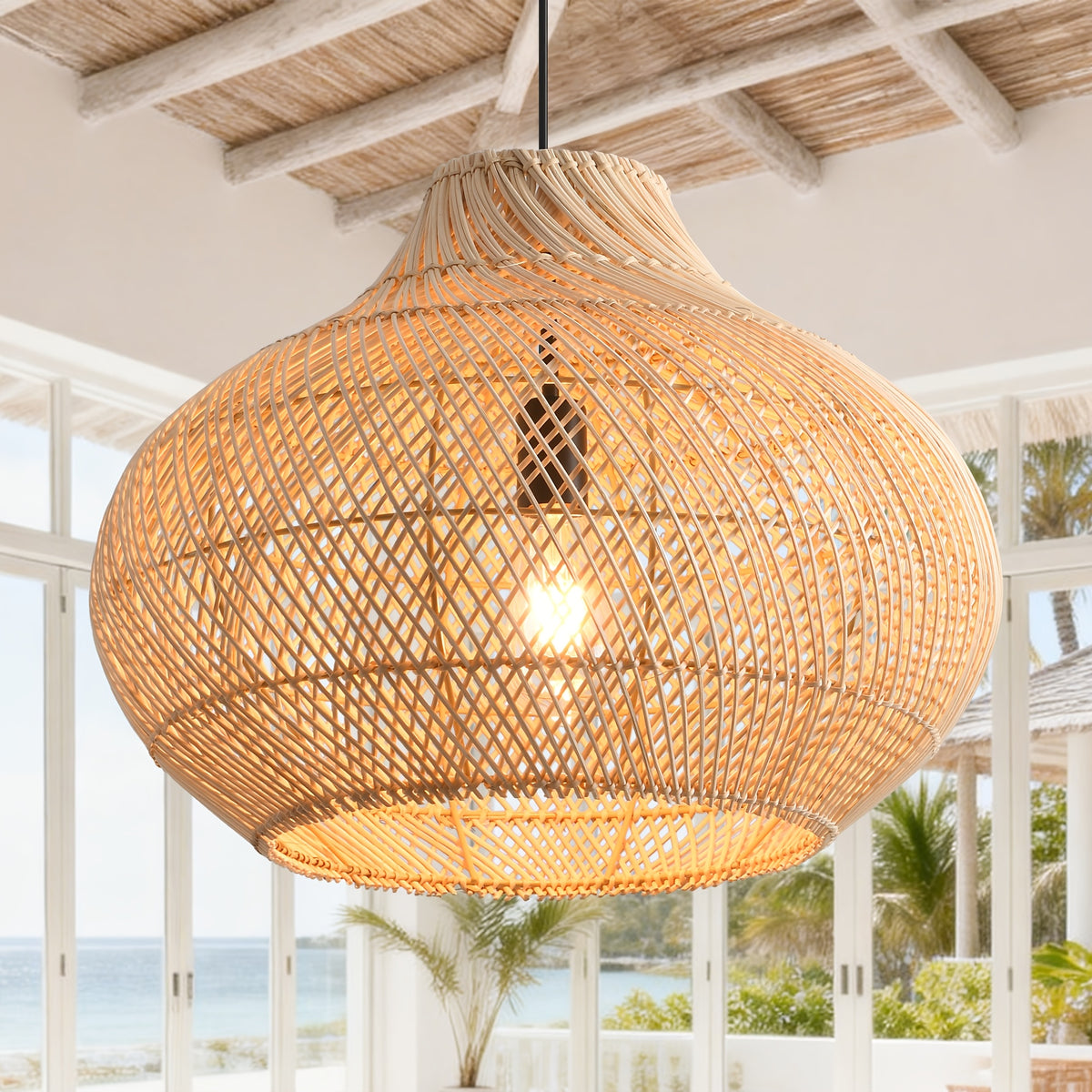 13.8in Caged Rattan Pendant Light, Coastal Woven Ceiling Light