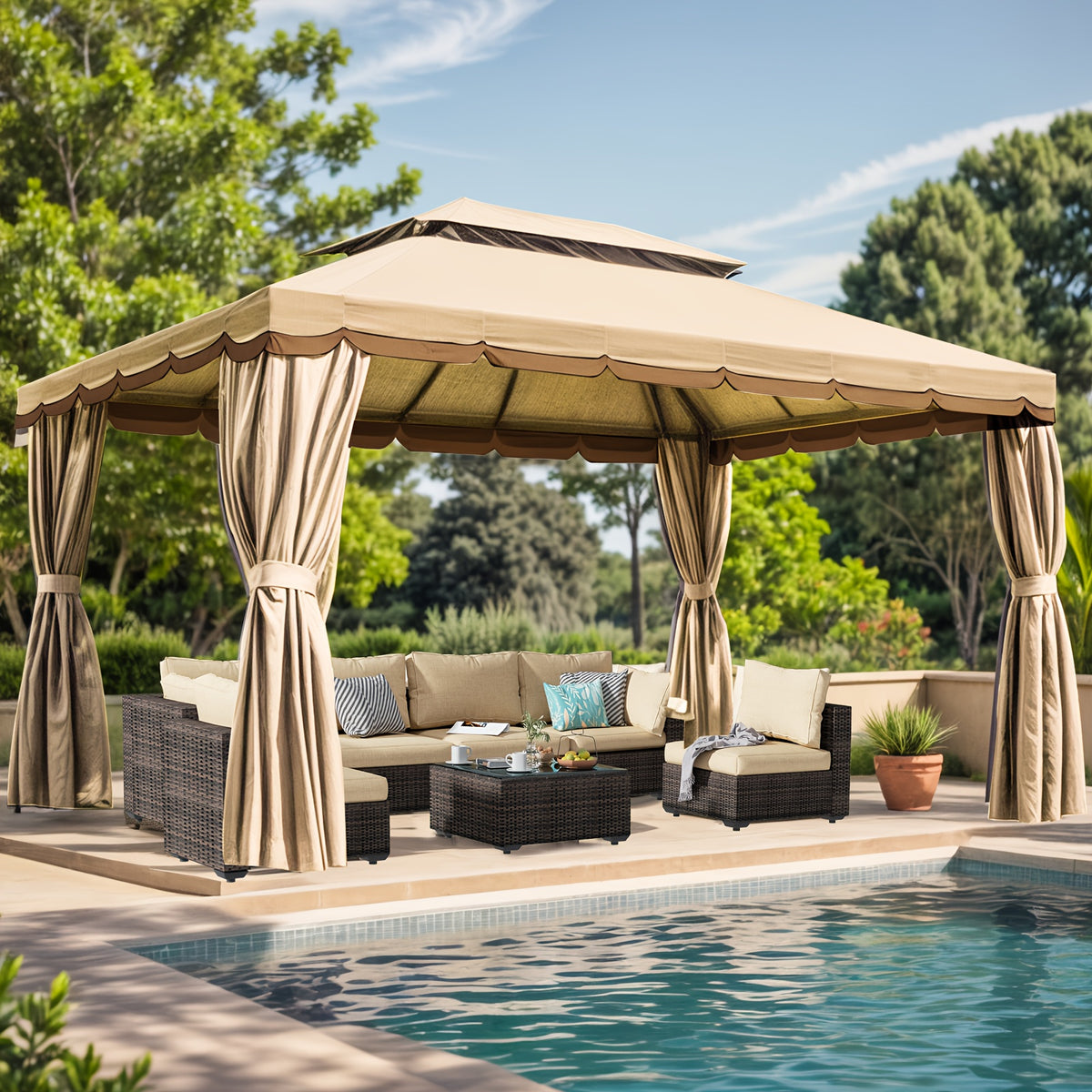 10x13ft Patio Gazebo, Double Roof with Netting & Curtains