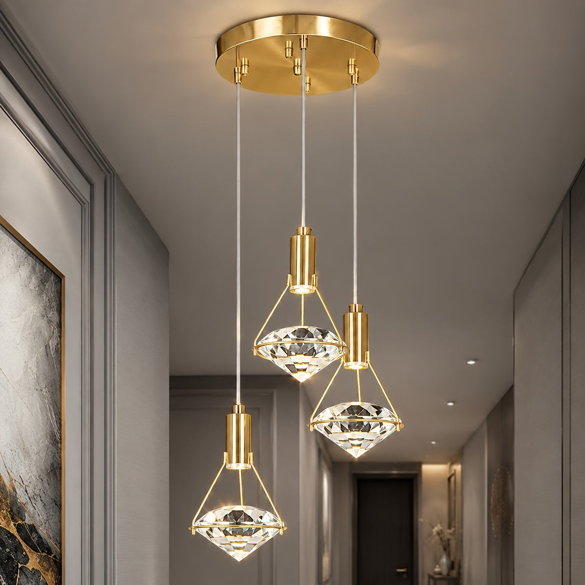 12in Gold Diamond Pendant Light, 3-Head Adjustable LED