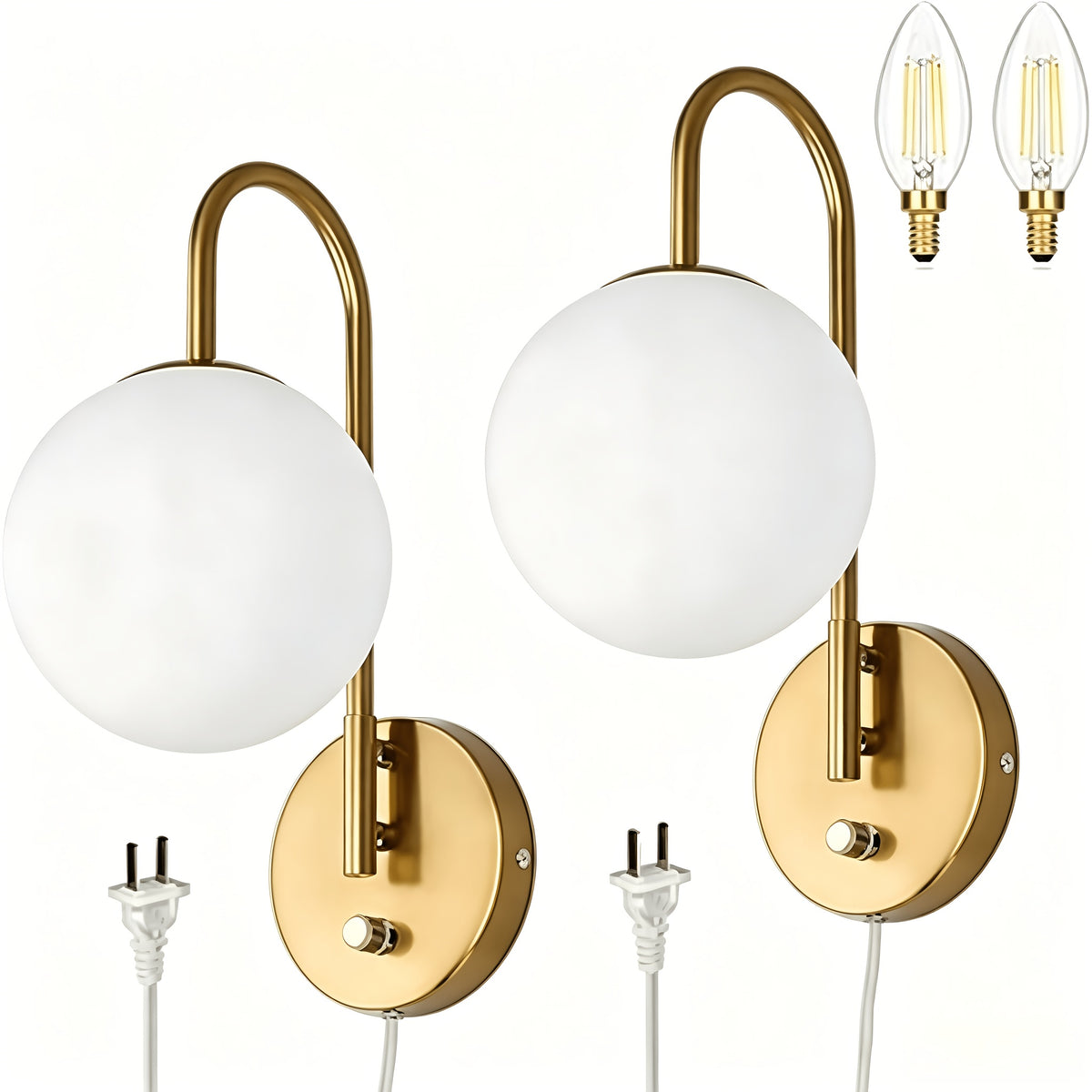 Plug-In Wall Lights Set of 2, Milky Glass Globe Sconces