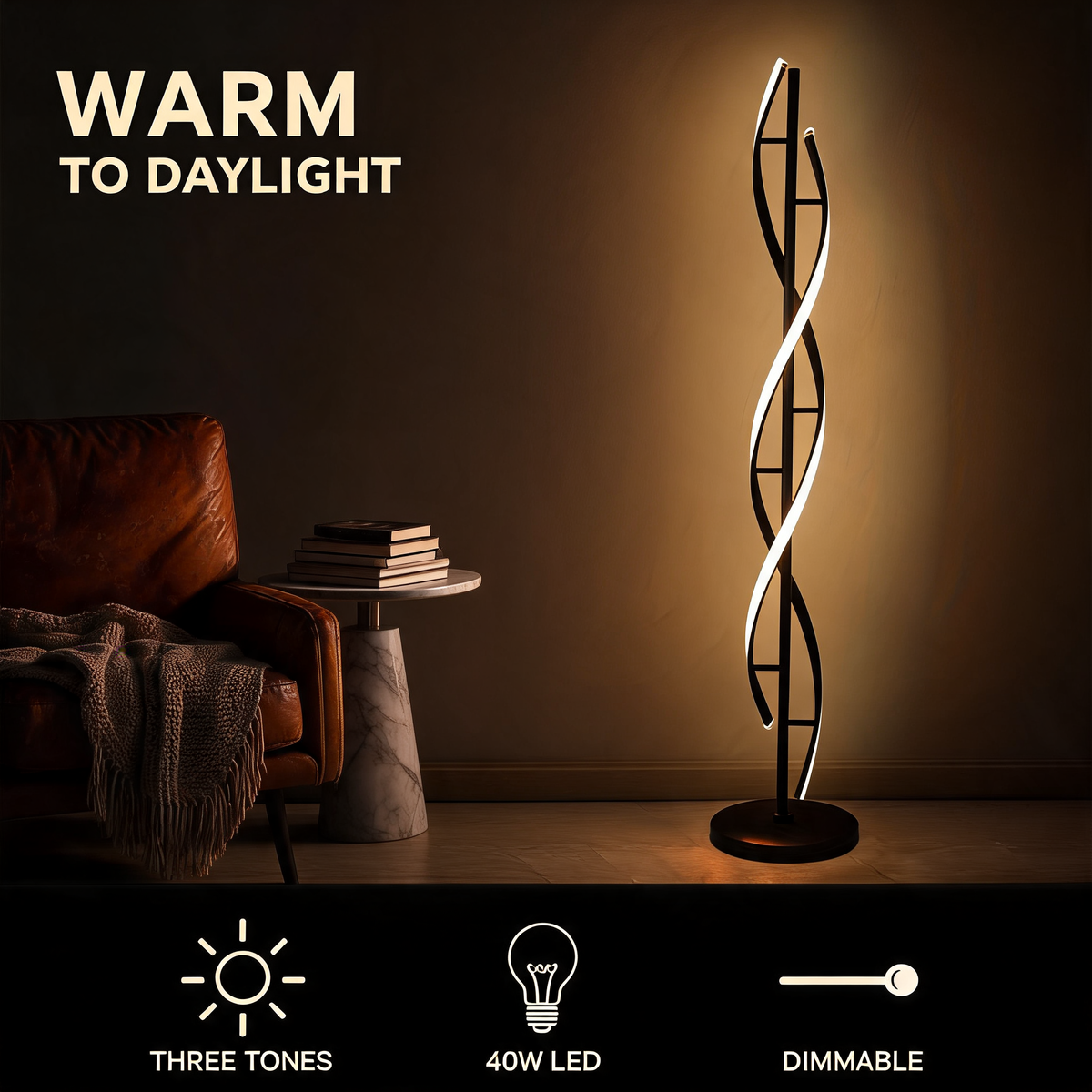 Warm to daylight: three colour tones, 40W LED, dimmable