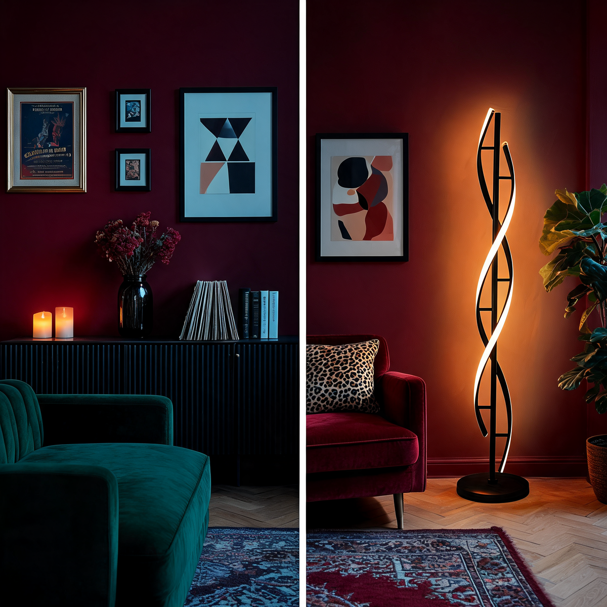 The same decorated room unlit and then lit by the spiral floor lamp