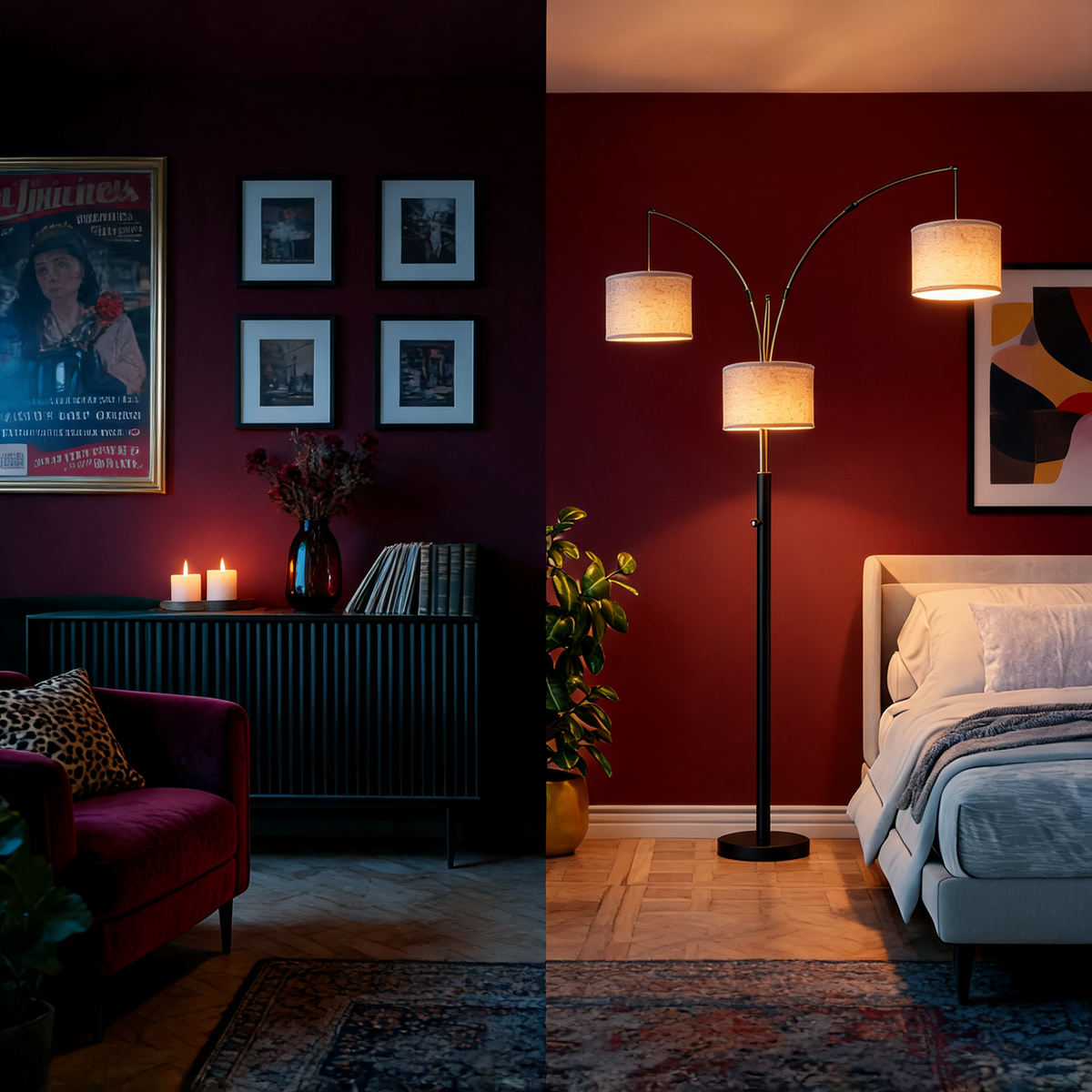 The same room unlit and then filled with light by the three-head lamp
