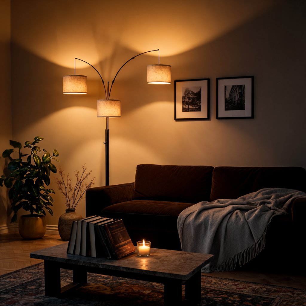 Three-head floor lamp bouncing warm light off the ceiling