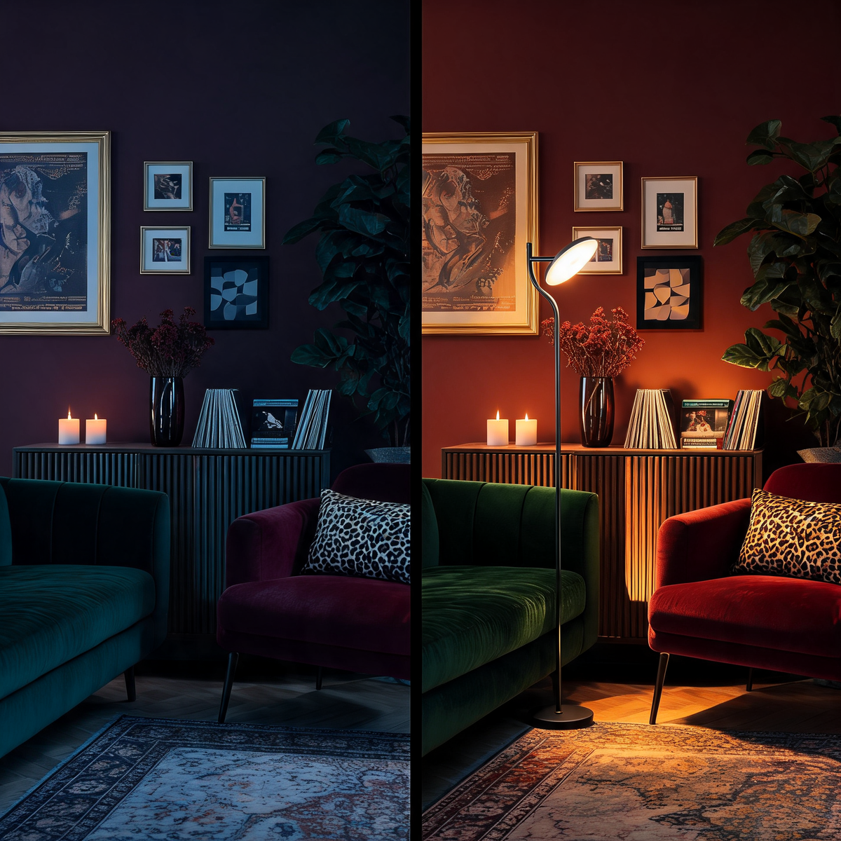 The same room unlit and then lit by the rotating floor lamp