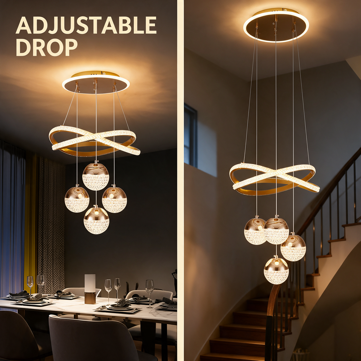Adjustable drop length shown at low ceiling and tall stairwell