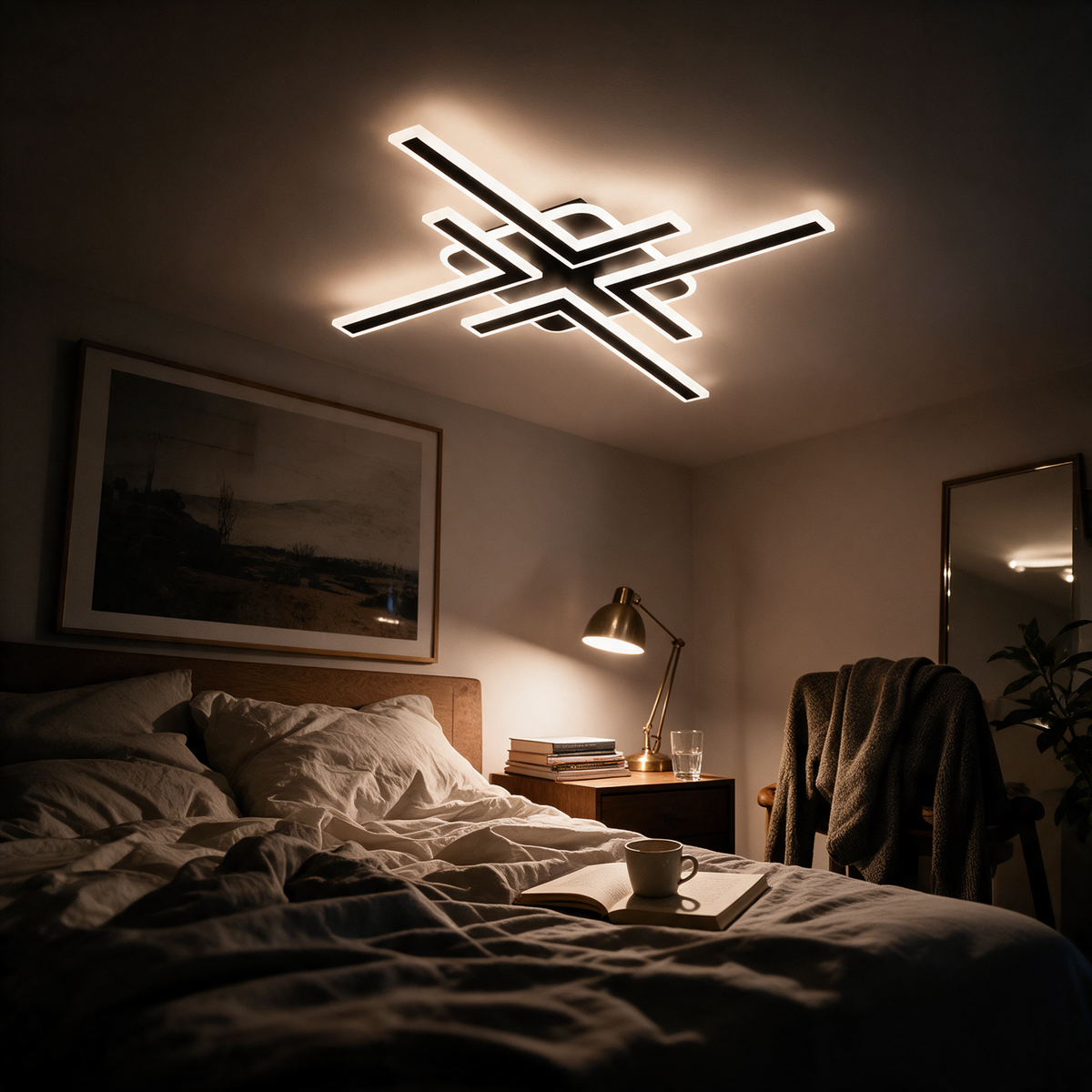 Flush mount ceiling light glowing above a bedroom at night