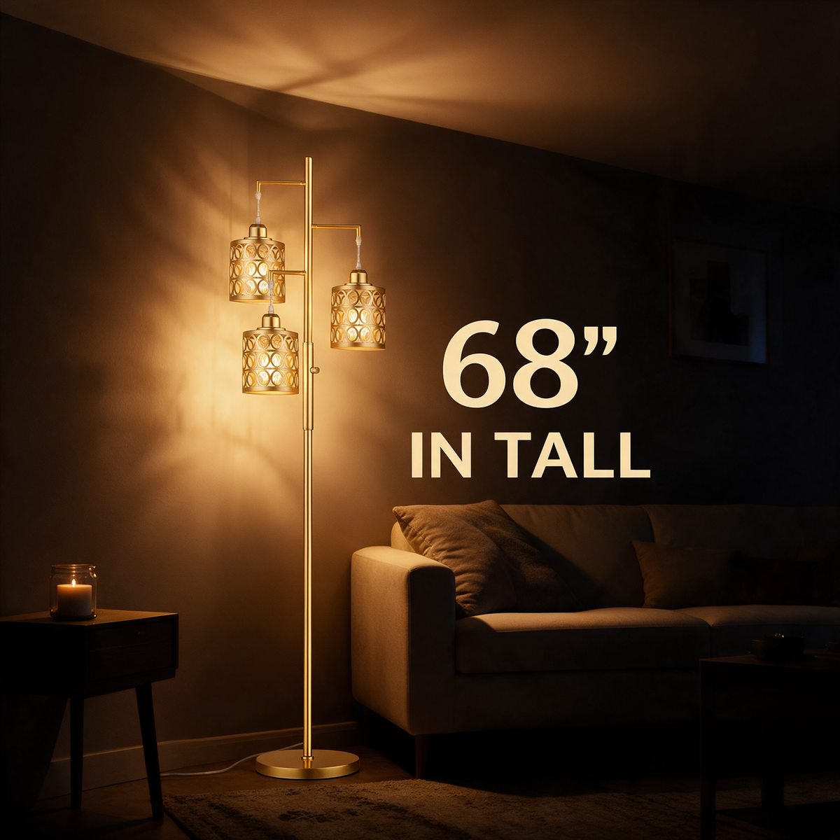 68 inch height shown against a low sofa