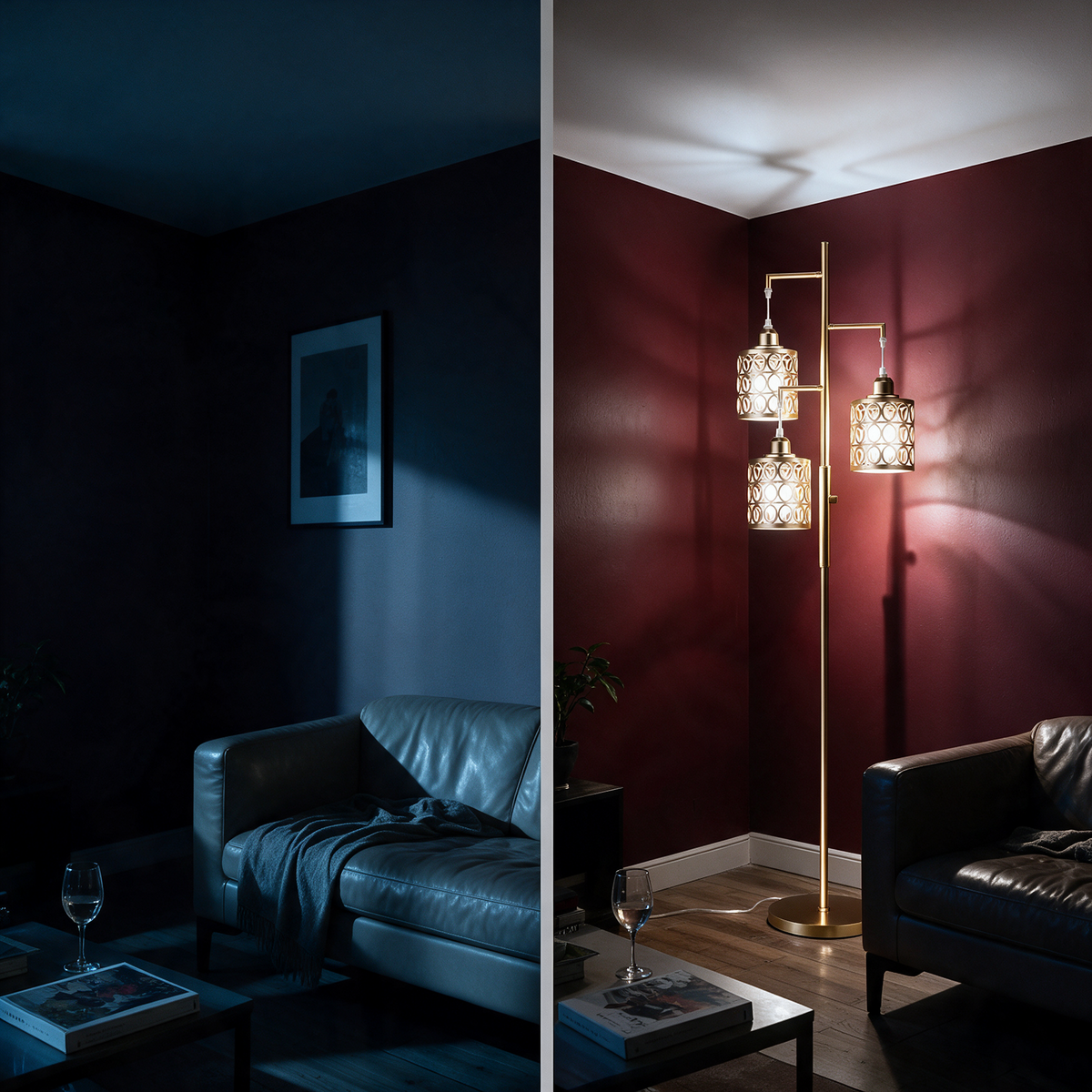 Living room before and after the gold floor lamp is switched on
