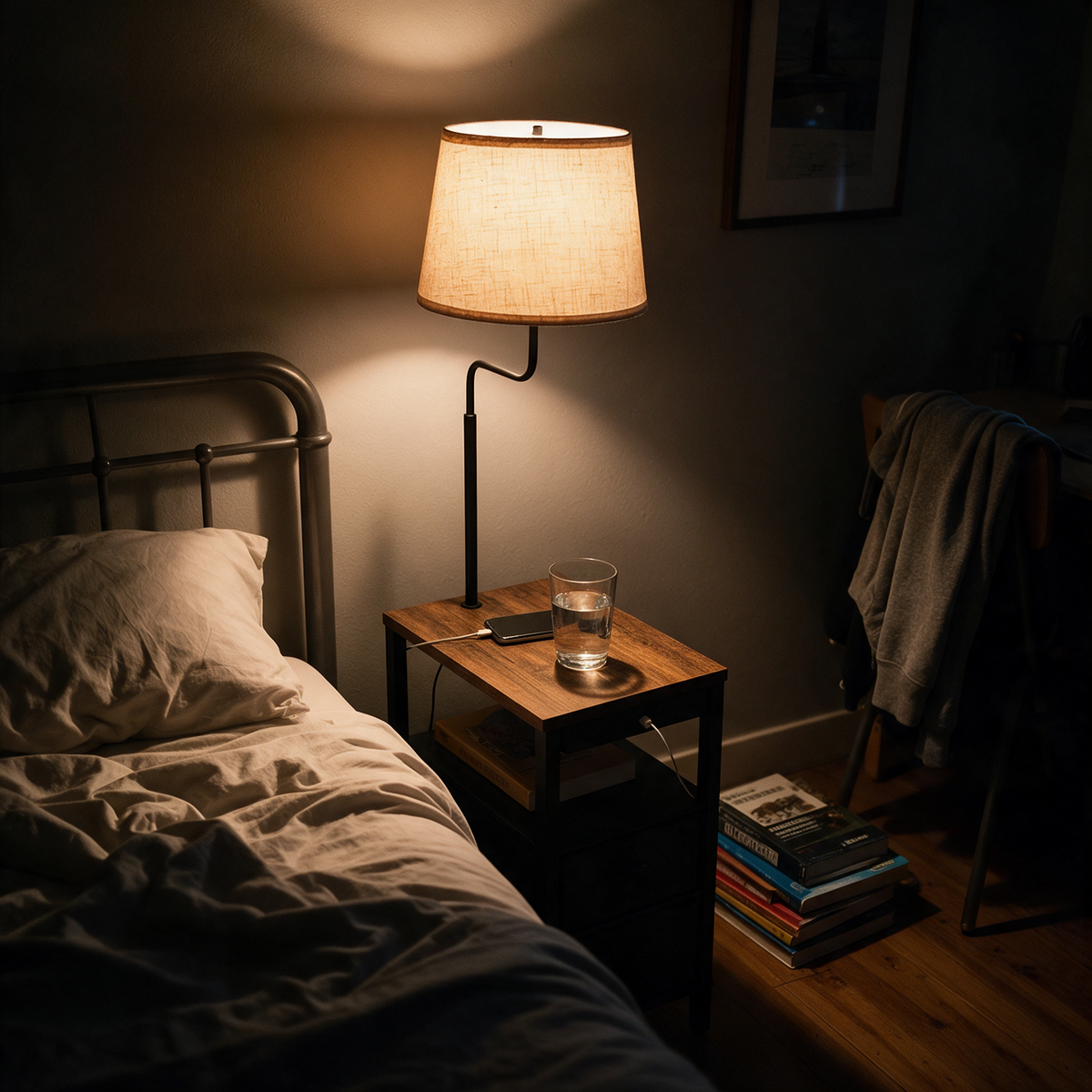 Lamp shelf standing in for a nightstand in a small bedroom
