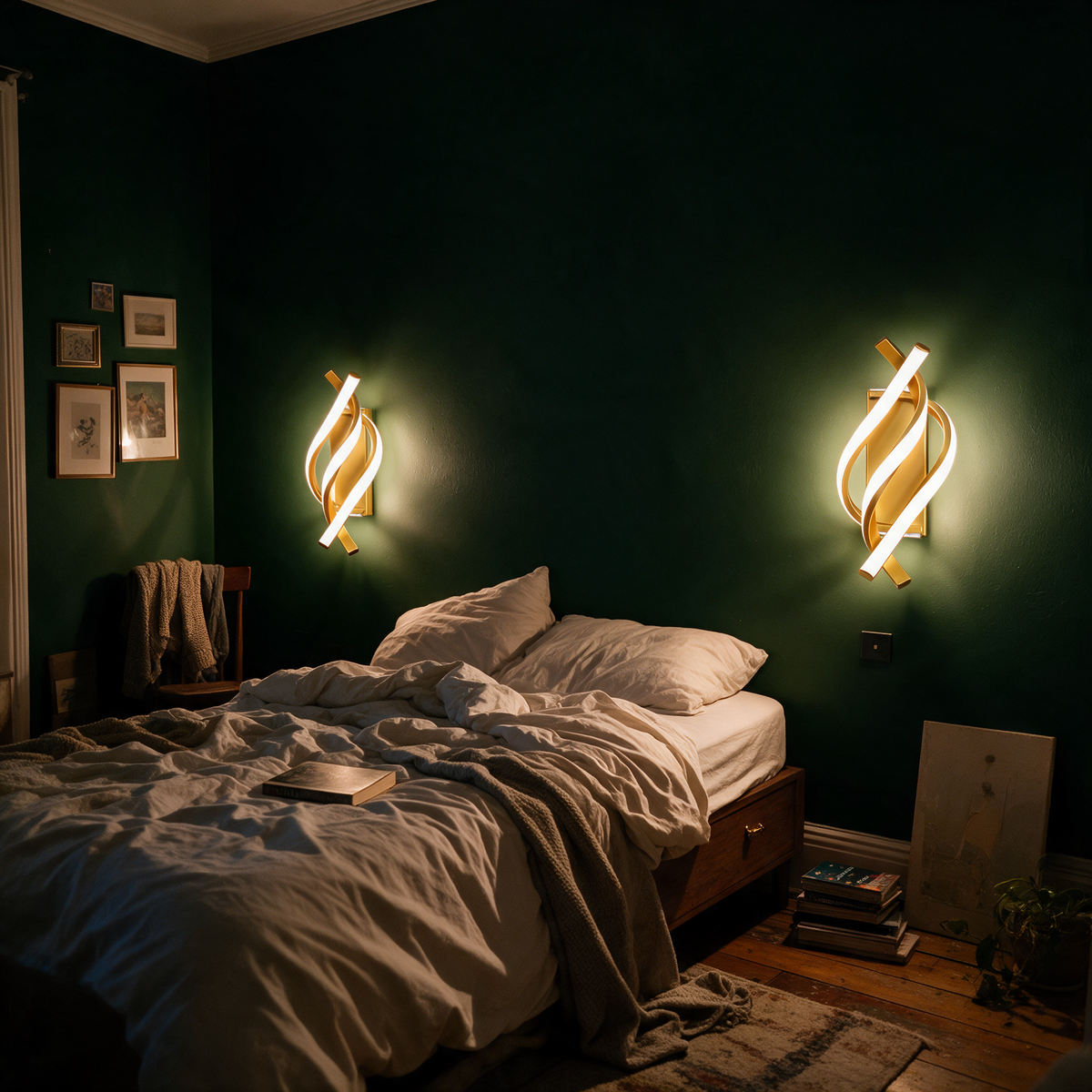 Pair of wave wall sconces lit either side of a bed