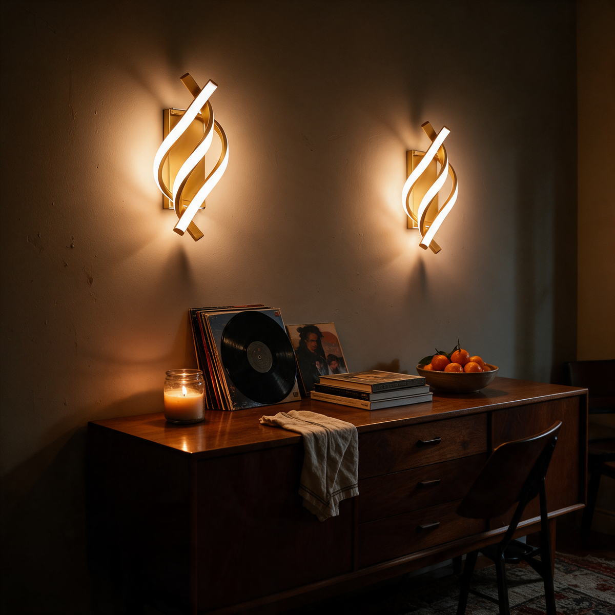 Pair of wave sconces above a dining sideboard