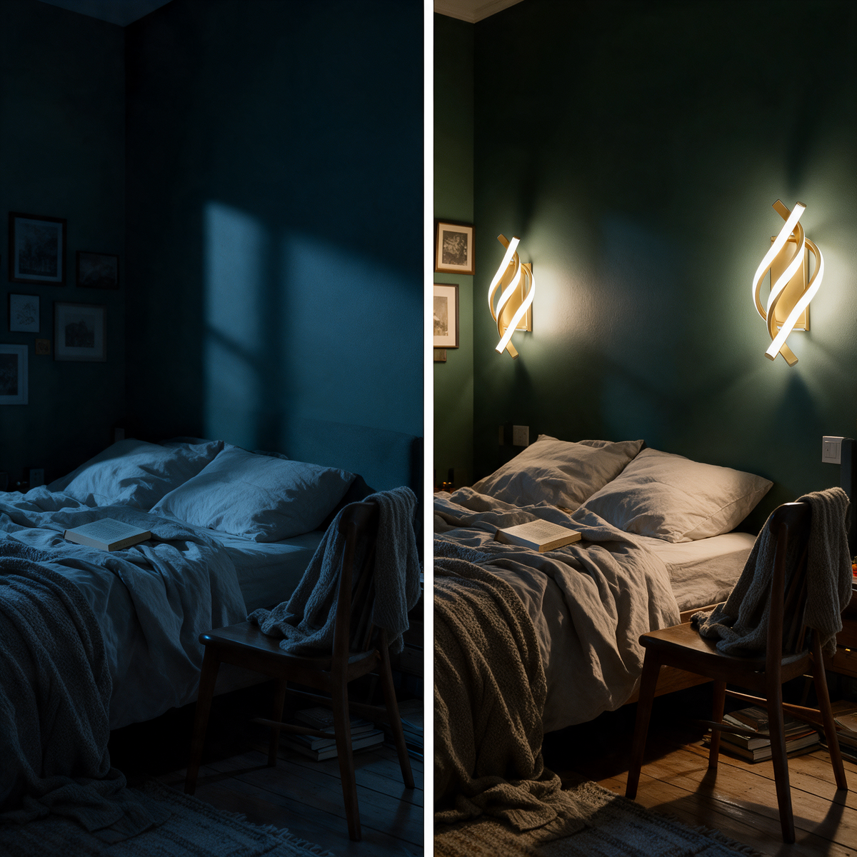 Bedroom before and after the wave sconces are switched on