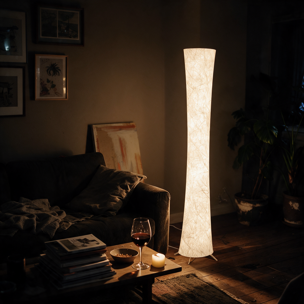 Smart floor lamp lit in a living room corner at night