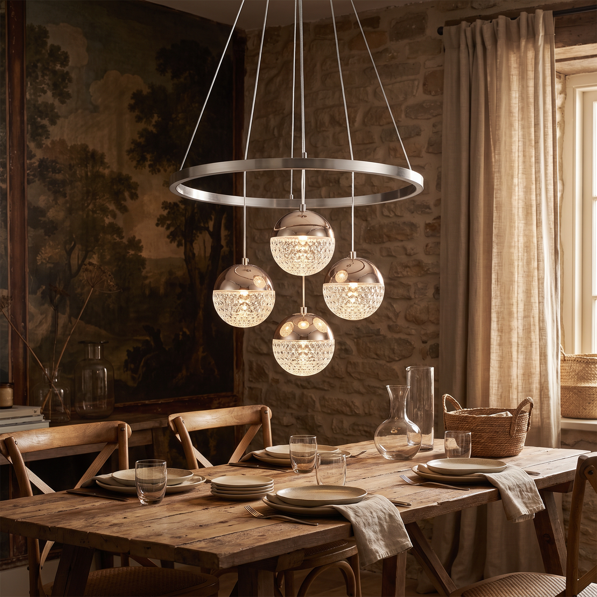LED pendant chandelier in silver above a dining table