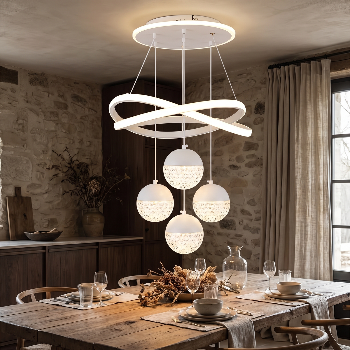 LED pendant chandelier in white above a dining table