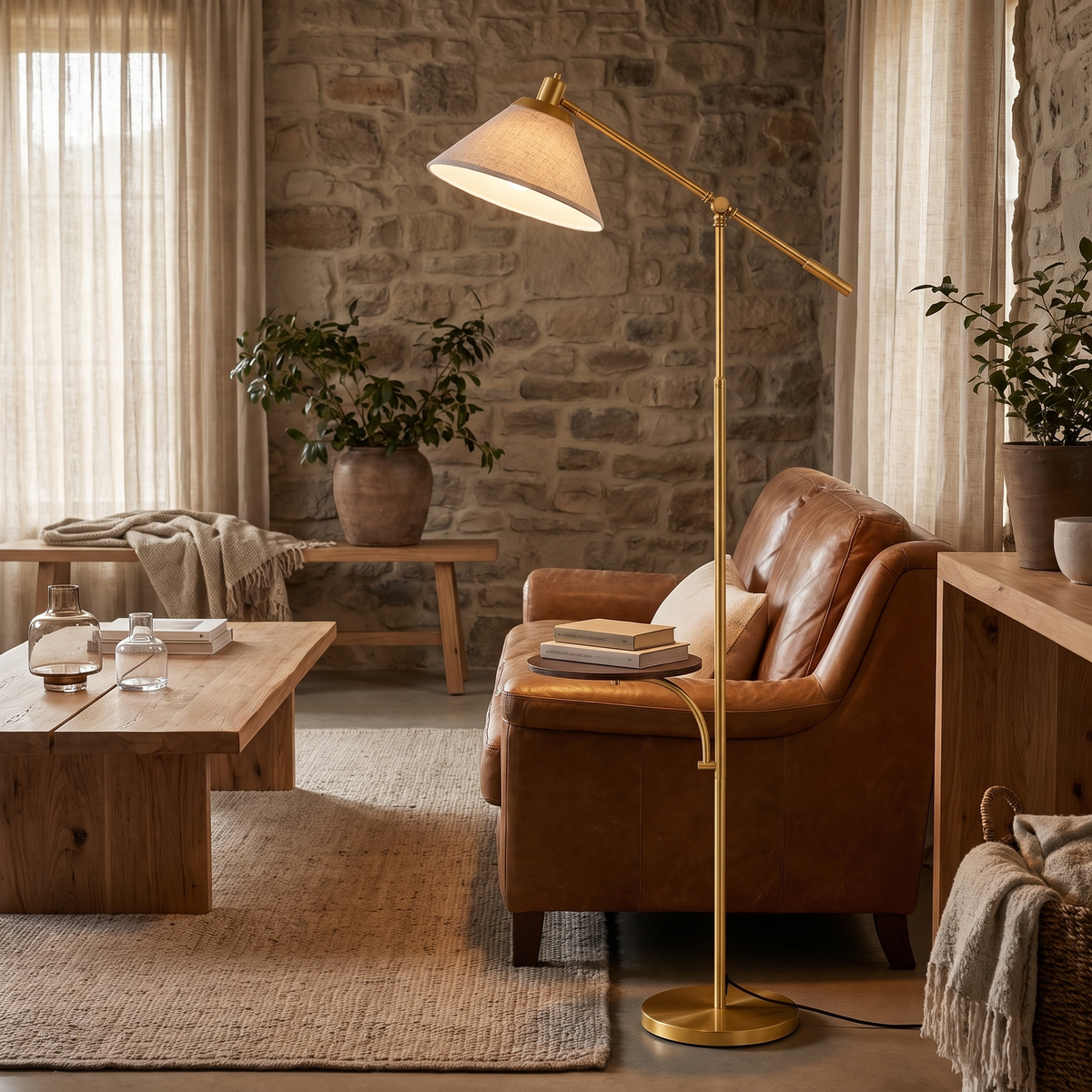 Floor lamp with table in gold beside an armchair