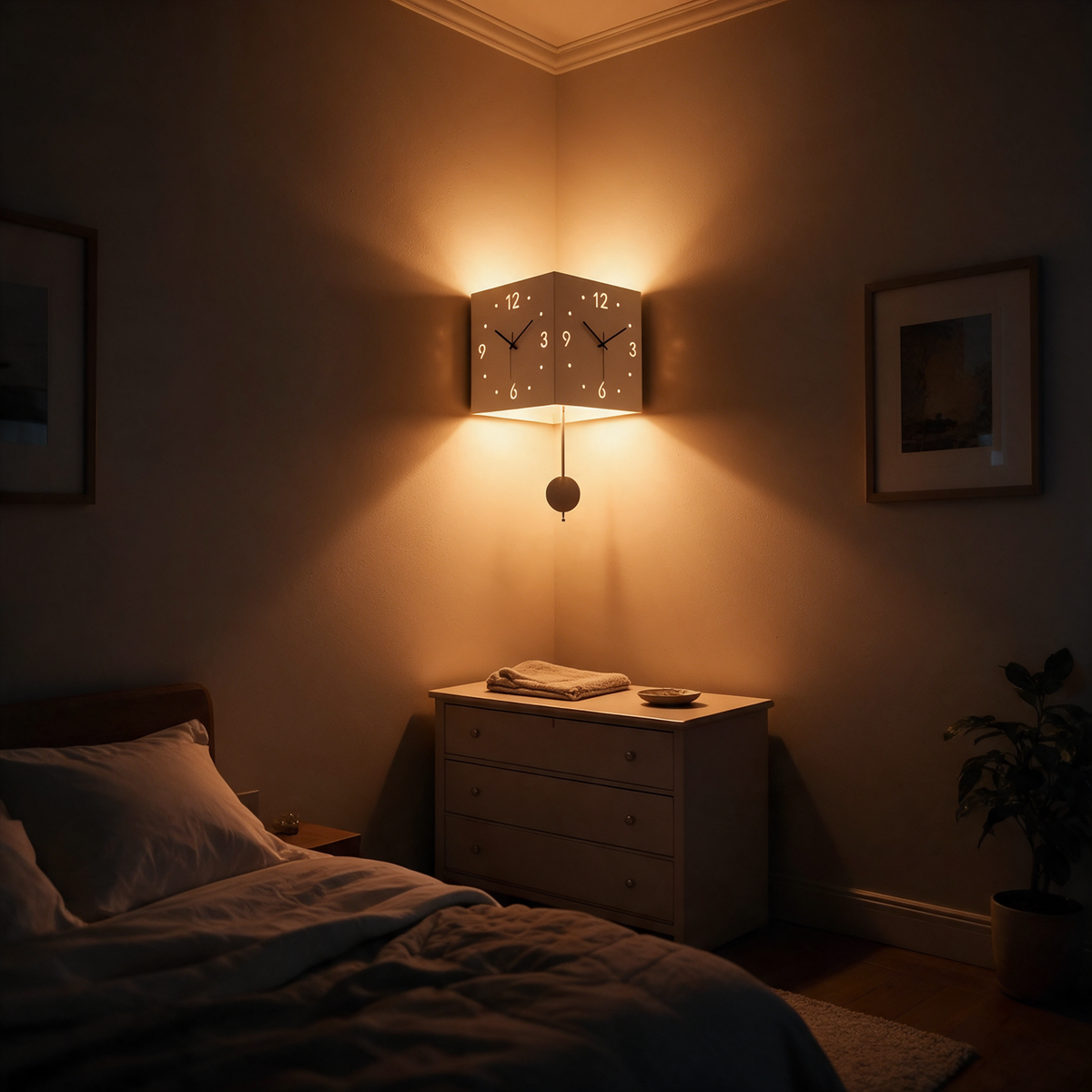 Corner light above a bedroom chest of drawers