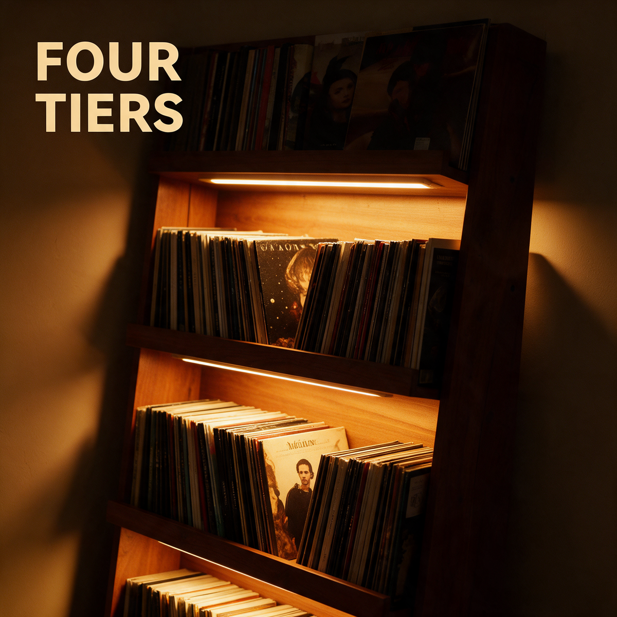 Four open tiers keeping records upright and browsable