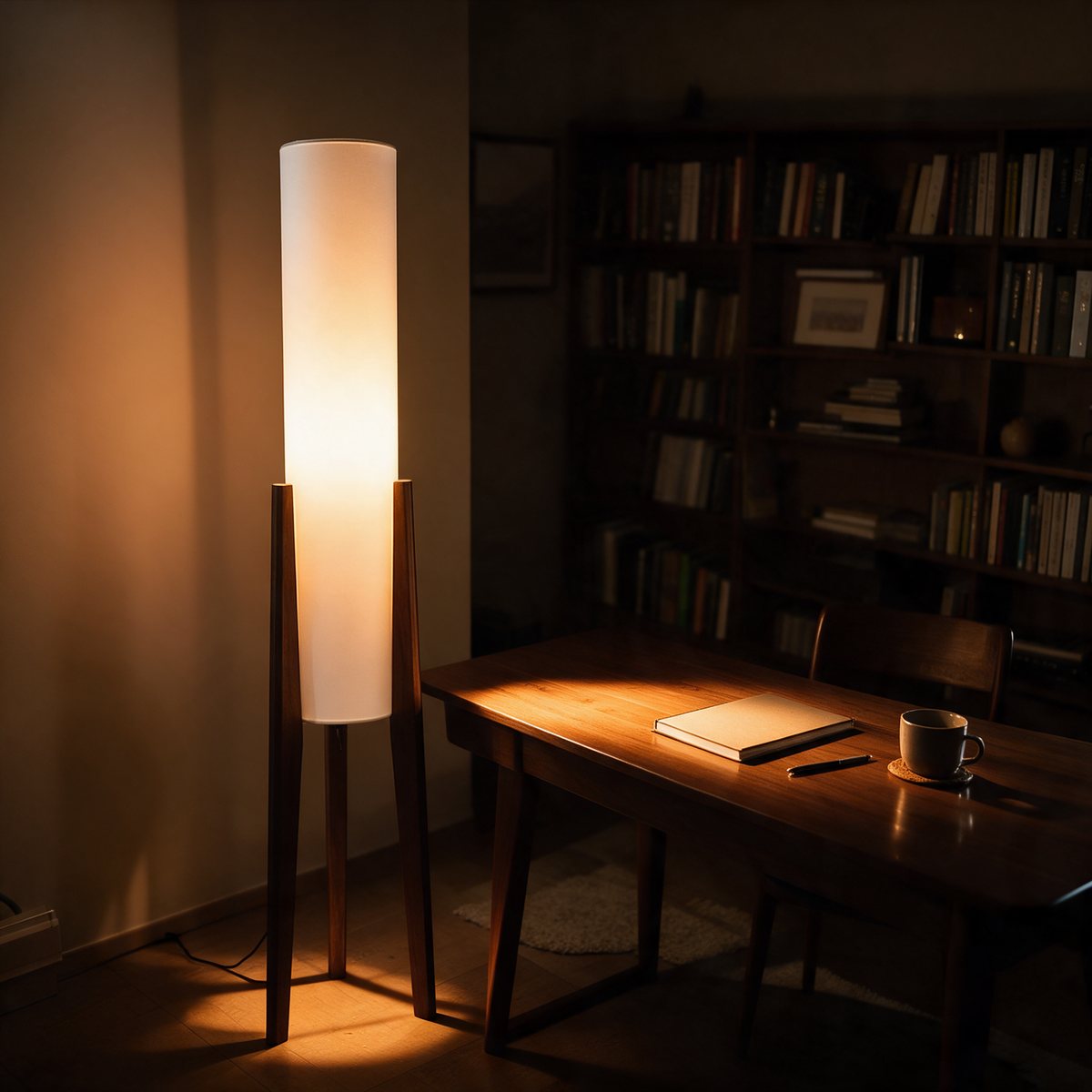 Tripod lamp beside a desk in a book lined study