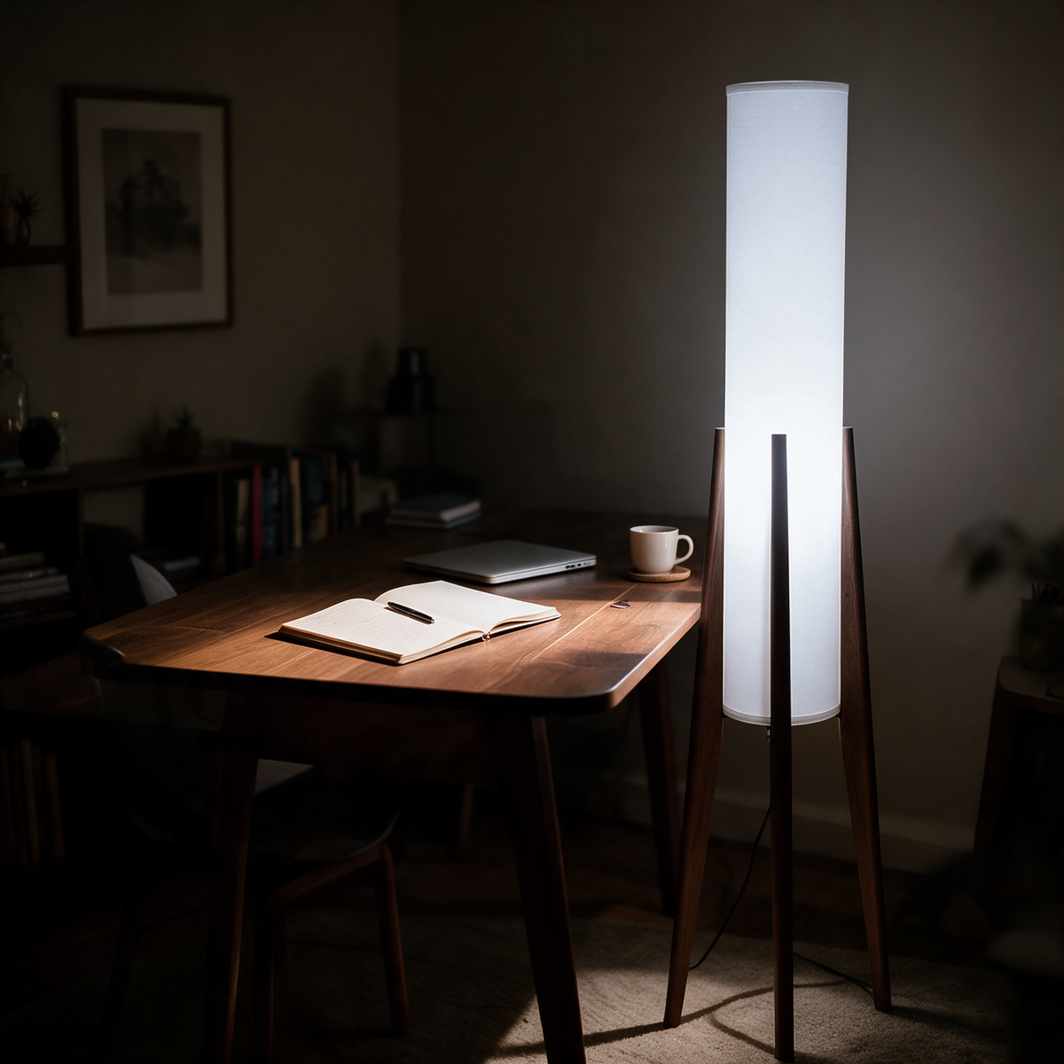 Cooler daylight tone over a home office desk