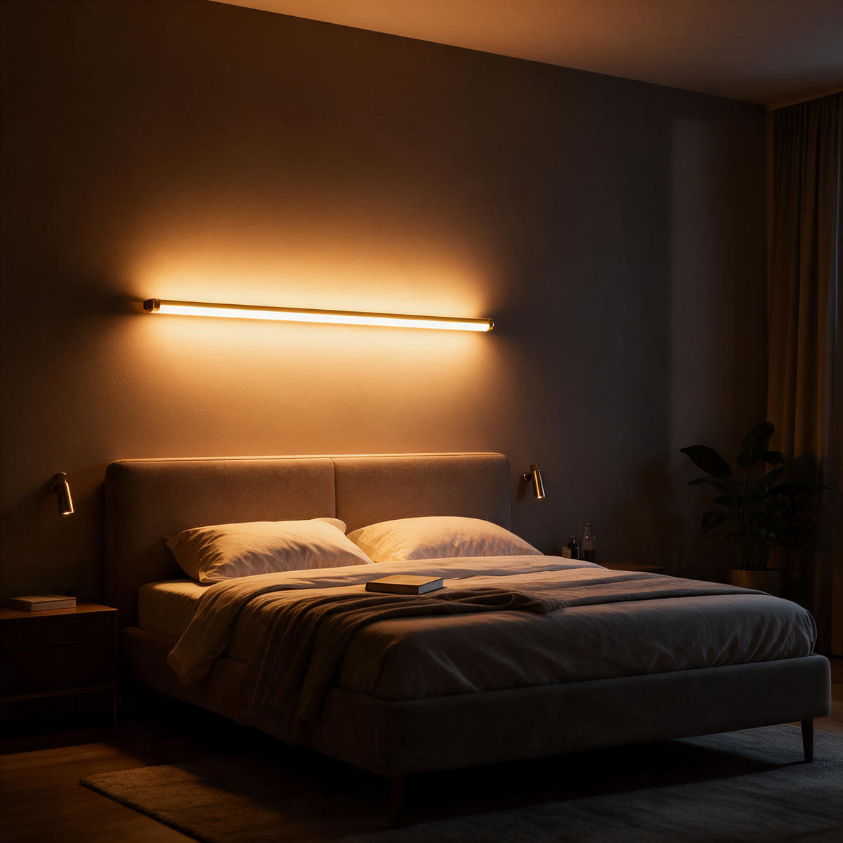Long cordless sconce lit above a headboard