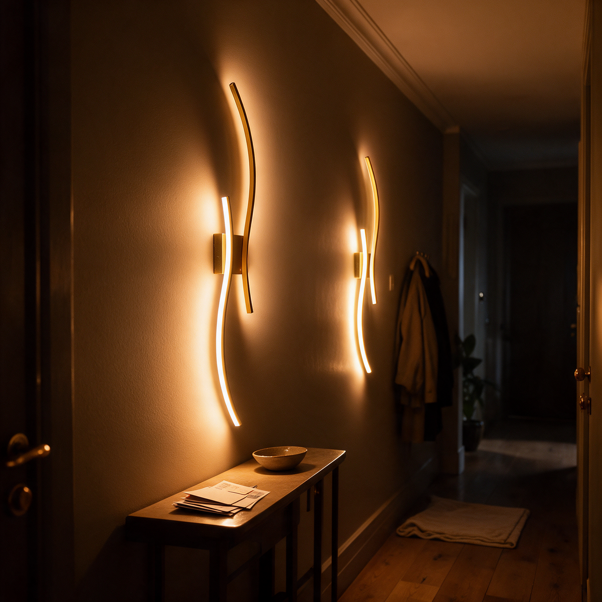 Two long sconces lighting a hallway wall